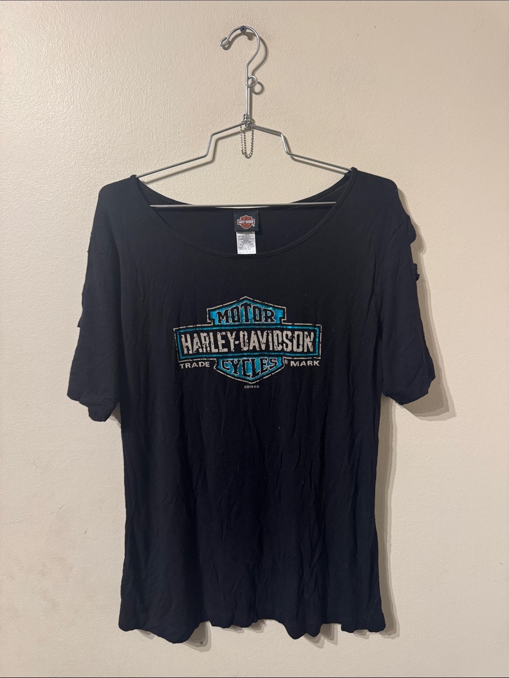 2018 Harley-Davidson Black Tee with Turquoise Shield Logo & Cut Out Arms sz L